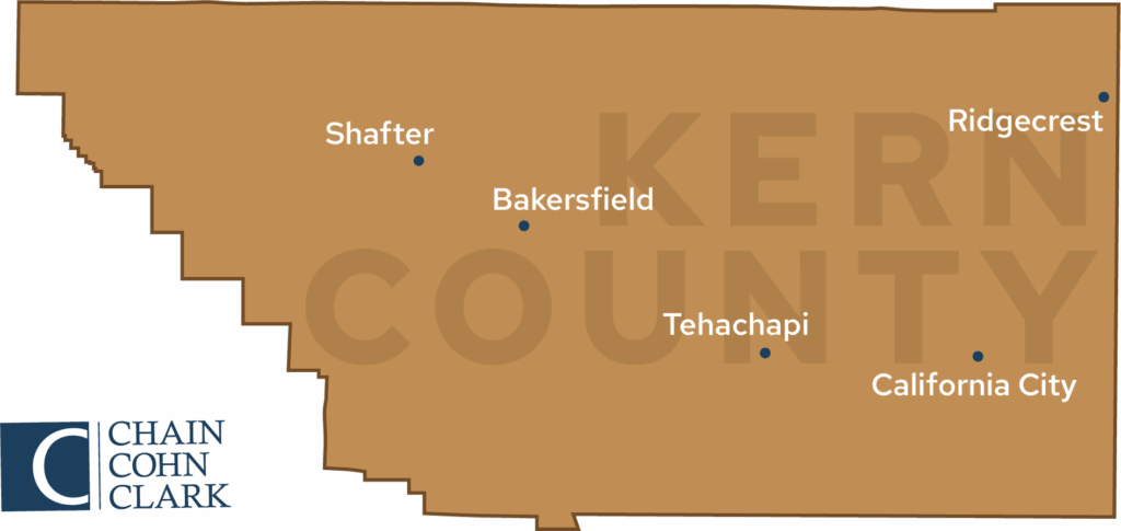 Map pointing to cities in Kern County that Chain Law serves for cases involving drunk driving victims