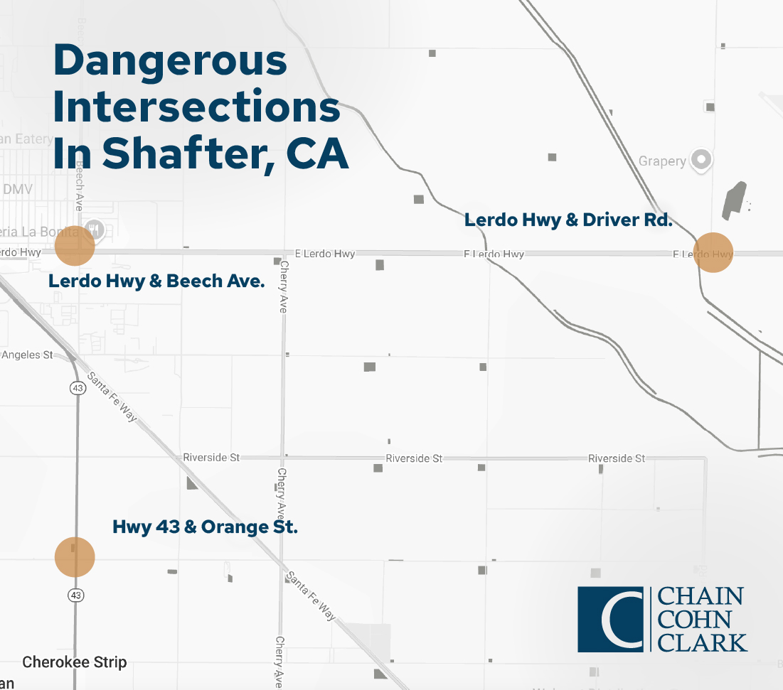 Map infographic showing dangerous intersections in Shafter, California