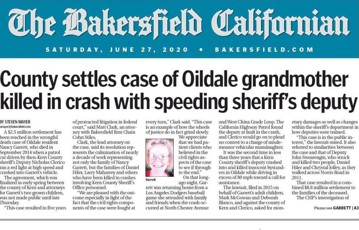 The Bakersfield Californian highlights $2.5 million wrongful death settlement in Nancy Garrett case